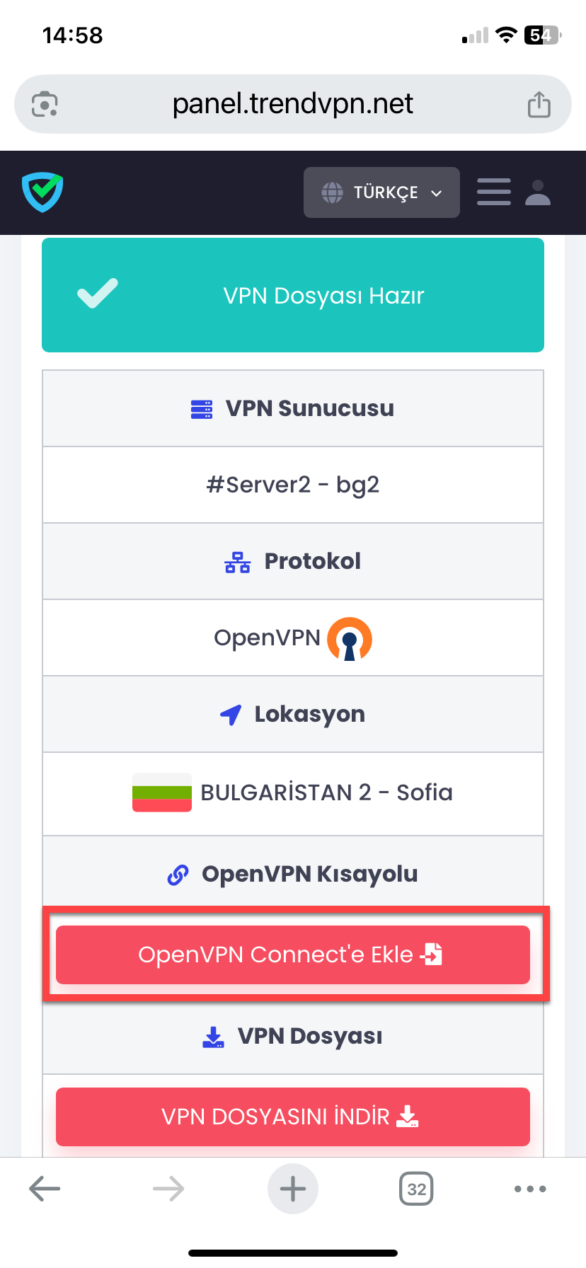 VPN Dosyasının Eklenmesi